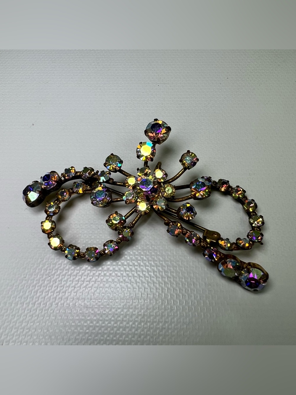 Vintage Austrian Aurora Borealis Rhinestone Bow Brooch